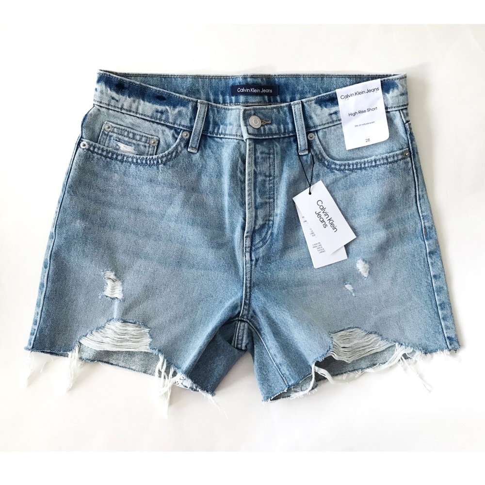 Calvin Klein High Waisted Distressed Denim Shorts 28 NWT